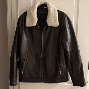 Tommy Hilfiger Dark Brown Leather Jacket with White Collar